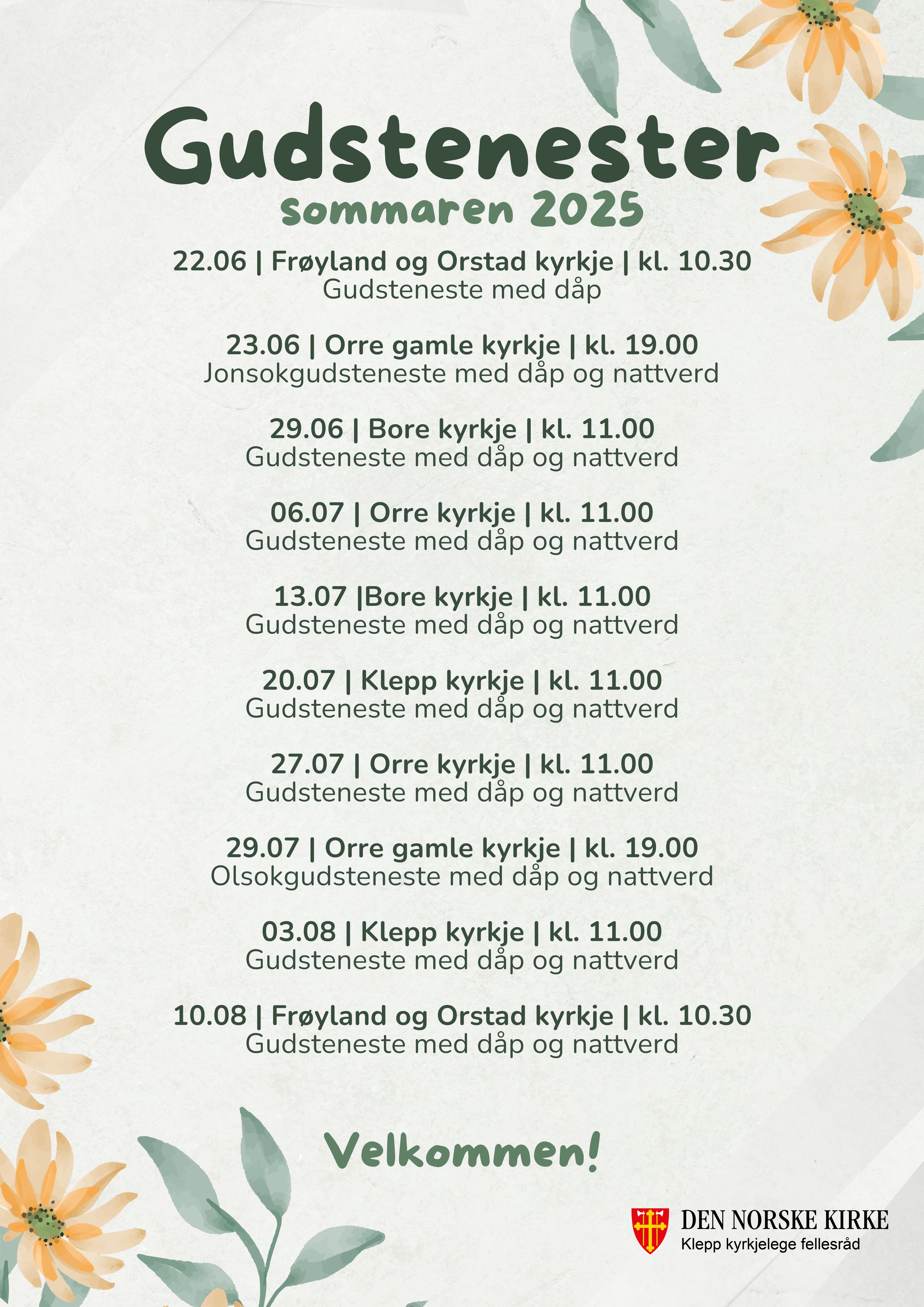 Plakat med gudstjenesteoversikt